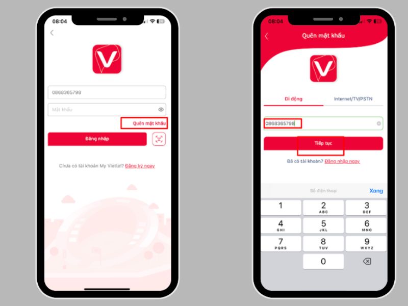 Lấy lại mật khẩu sim Viettel bằng cách nhấn vào “Quên mật khẩu” trong app My Viettel